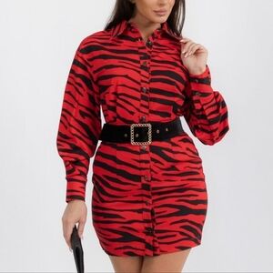 Red Black Belted Zebra Print Mini Shirt Dress Stretch